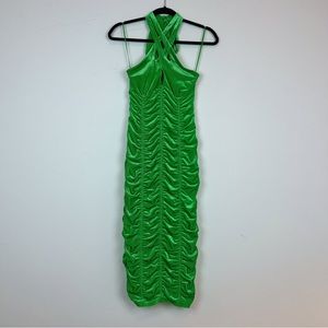AFRM Colleen Ruched Sleeveless Corduroy Criss Cross Halter Dress - Fern Green XS